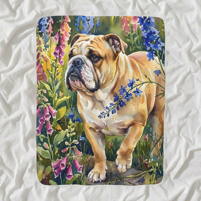 English Bulldog Watercolor Sherpa Fleece Blanket, Foxglove Dog Painting, English Bulldog Lover Gift