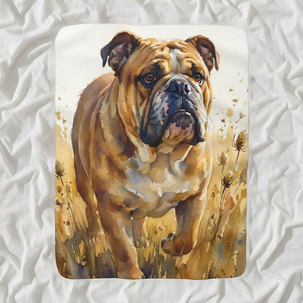 English Bulldog Watercolor Sherpa Fleece Blanket, Soft Dog Painting, English Bulldog Lover Gift