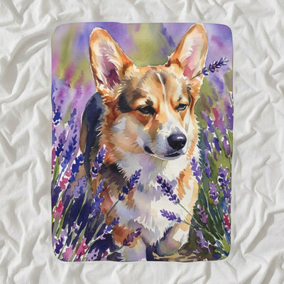 Corgi Watercolor Sherpa Fleece Blanket, Lavender Dog Painting, Corgi Lover Gift