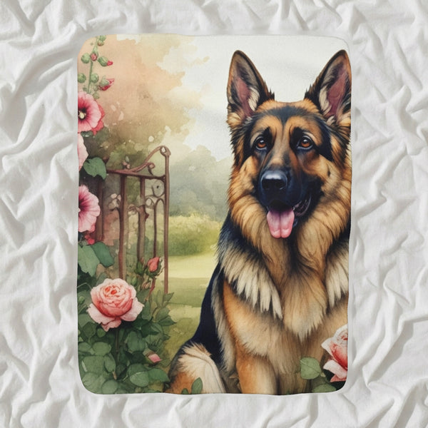 German Shepherd Watercolor Sherpa Fleece Blanket, Soft Dog Painting, German Shepherd Lover Gift