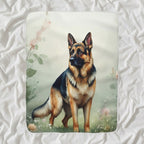 German Shepherd Watercolor Sherpa Fleece Blanket, Soft Dog Painting, German Shepherd Lover Gift shown lying flat on softly rumpled white bedding