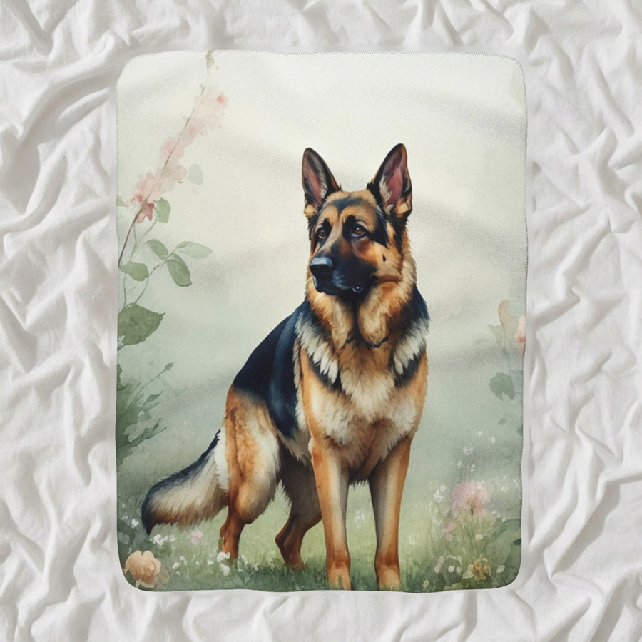 German Shepherd Watercolor Sherpa Fleece Blanket, Soft Dog Painting, German Shepherd Lover Gift shown lying flat on softly rumpled white bedding