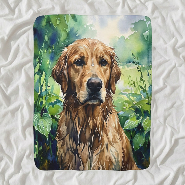 Golden Retriever Watercolor Sherpa Fleece Blanket, Soft Dog Painting, Golden Retriever Lover Gift