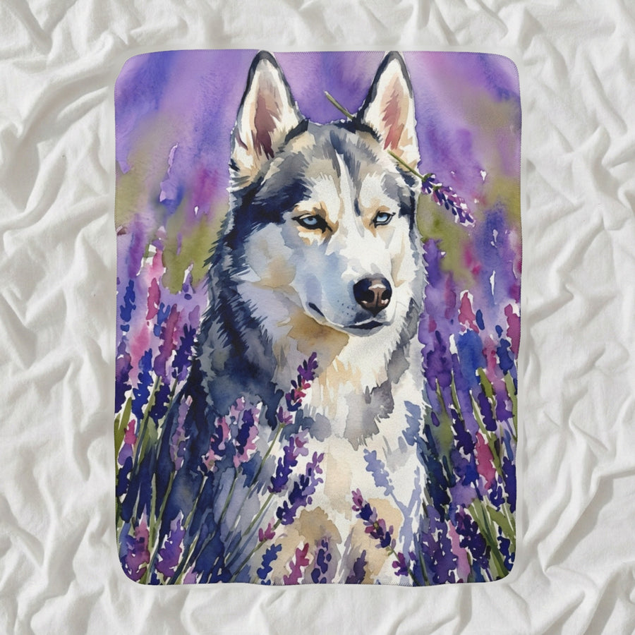 Siberian Husky Watercolor Sherpa Fleece Blanket, Lavender Dog Painting, Siberian Husky Lover Gift shown lying flat on softly rumpled white bedding