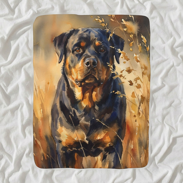 Rottweiler Watercolor Sherpa Fleece Blanket, Soft Dog Painting, Rottweiler Lover Gift