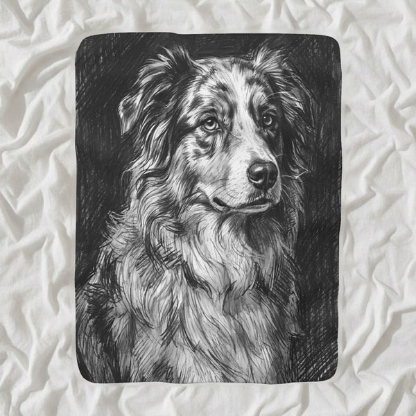 Australian Shepherd Charcoal Sherpa Fleece Blanket, Dog Sketch Art, Australian Shepherd Lover Gift