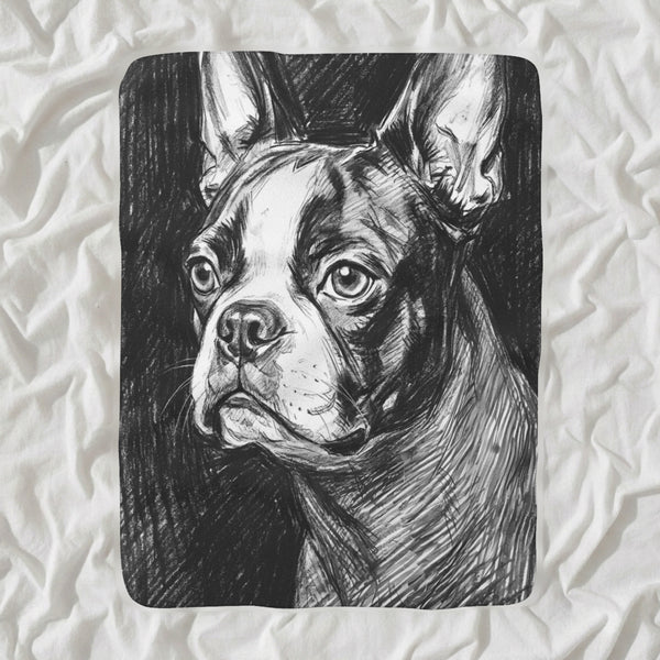 Boston Terrier Charcoal Sherpa Fleece Blanket, Dog Sketch Art, Boston Terrier Lover Gift