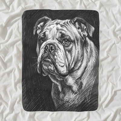 English Bulldog Charcoal Sherpa Fleece Blanket, Dog Sketch Art, English Bulldog Lover Gift