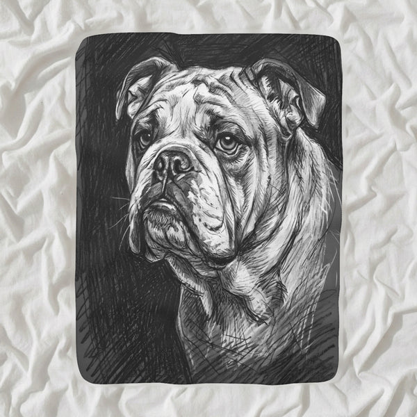 English Bulldog Charcoal Sherpa Fleece Blanket, Dog Sketch Art, English Bulldog Lover Gift