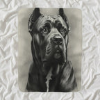 Cane Corso Charcoal Portrait Sherpa Fleece Blanket shown lying flat on softly rumpled white bedding