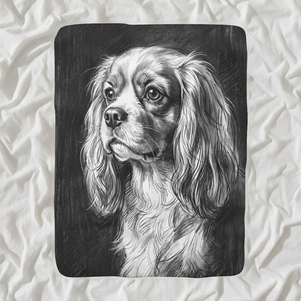 Cavalier King Charles Spaniel Charcoal Sherpa Fleece Blanket, Dog Sketch Art, Cavalier King Charles Spaniel Lover Gift