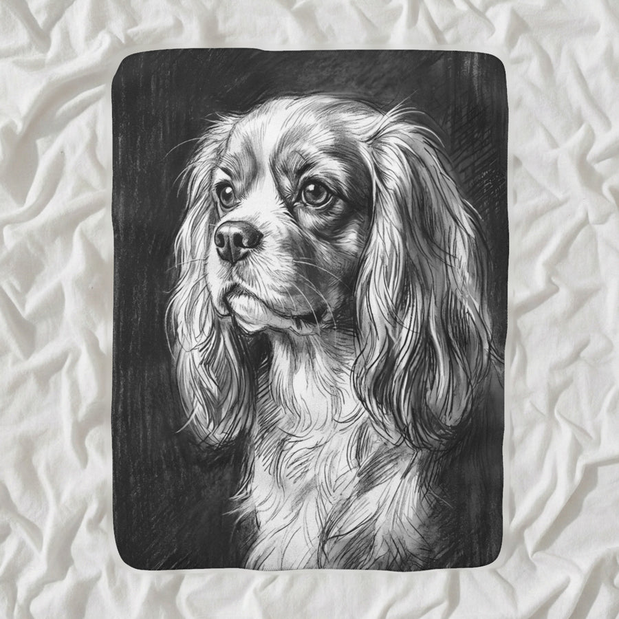 Cavalier King Charles Spaniel Charcoal Sherpa Fleece Blanket, Dog Sketch Art, Cavalier King Charles Spaniel Lover Gift shown lying flat on softly rumpled white bedding