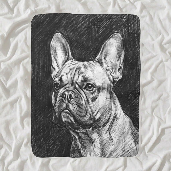 French Bulldog Charcoal Sherpa Fleece Blanket, Dog Sketch Art, French Bulldog Lover Gift