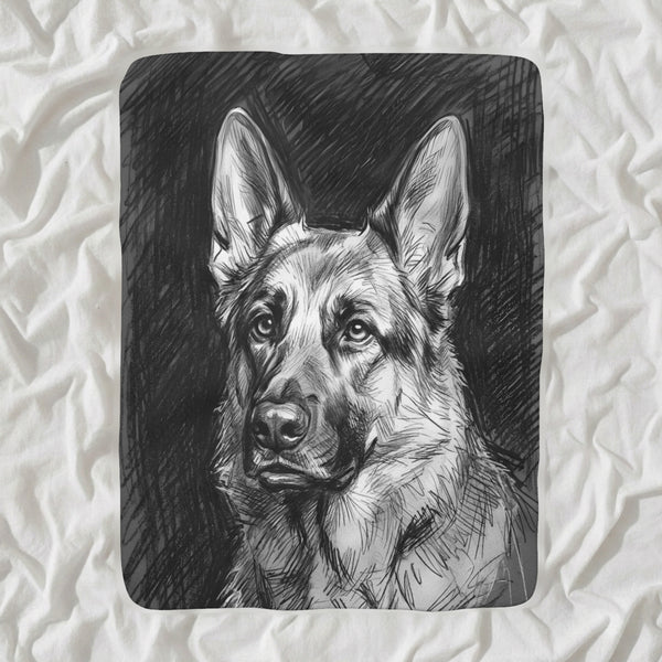 German Shepherd Charcoal Sherpa Fleece Blanket, Dog Sketch Art, German Shepherd Lover Gift