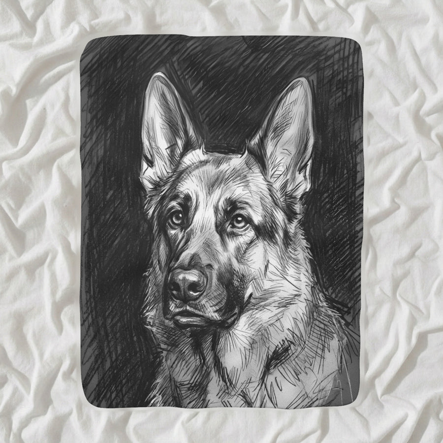 German Shepherd Charcoal Sherpa Fleece Blanket, Dog Sketch Art, German Shepherd Lover Gift shown lying flat on softly rumpled white bedding