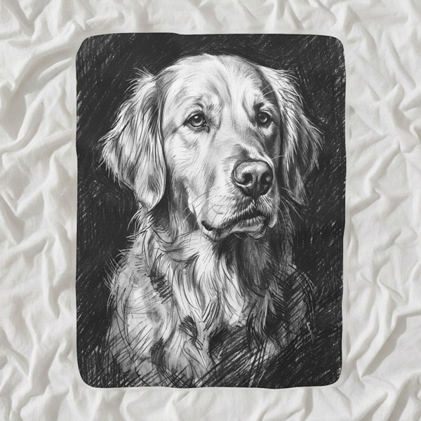 Golden Retriever Charcoal Sherpa Fleece Blanket, Dog Sketch Art, Golden Retriever Lover Gift