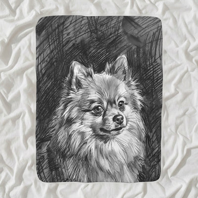 Pomeranian Charcoal Sherpa Fleece Blanket, Dog Sketch Art, Pomeranian Lover Gift
