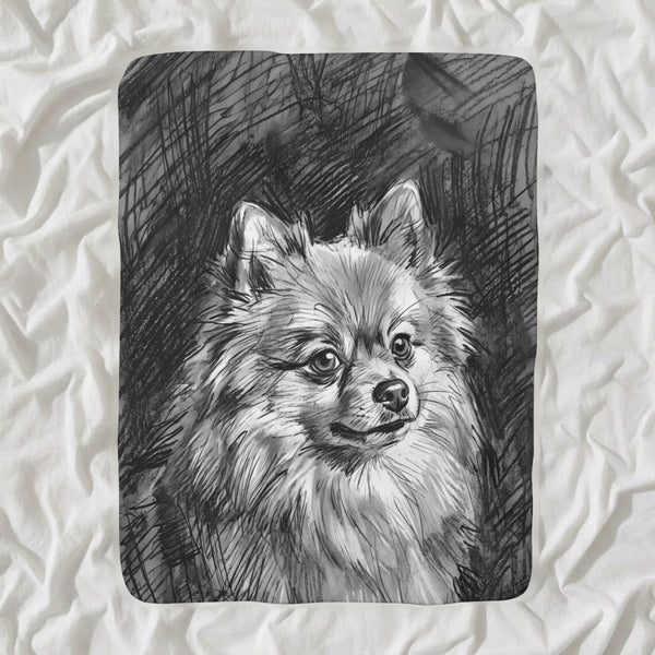Pomeranian Charcoal Sherpa Fleece Blanket, Dog Sketch Art, Pomeranian Lover Gift