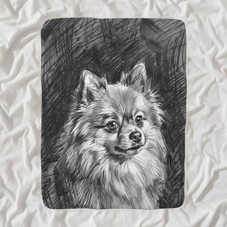 Pomeranian Charcoal Sherpa Fleece Blanket, Dog Sketch Art, Pomeranian Lover Gift shown lying flat on softly rumpled white bedding
