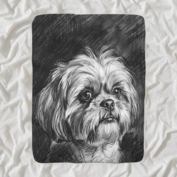 Shih Tzu Charcoal Sherpa Fleece Blanket, Dog Sketch Art, Shih Tzu Lover Gift