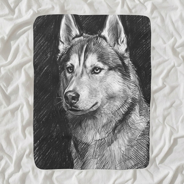 Siberian Husky Charcoal Sherpa Fleece Blanket, Dog Sketch Art, Siberian Husky Lover Gift