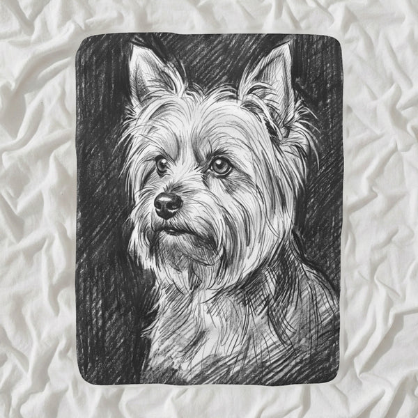 Yorkshire Terrier Charcoal Sherpa Fleece Blanket, Dog Sketch Art, Yorkshire Terrier Lover Gift