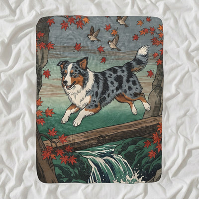 Australian Shepherd Sherpa Fleece Blanket, Japanese Print Dog Art, Australian Shepherd Lover Gift
