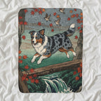 Australian Shepherd Sherpa Fleece Blanket, Japanese Print Dog Art, Australian Shepherd Lover Gift shown lying flat on softly rumpled white bedding