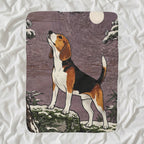 Beagle Sherpa Fleece Blanket, Japanese Print Dog Art, Beagle Lover Gift shown lying flat on softly rumpled white bedding