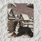 Bernese Mountain Dog Sherpa Fleece Blanket, Japanese Print Dog Art, Bernese Mountain Dog Lover Gift shown lying flat on softly rumpled white bedding