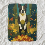Boston Terrier Retro Autumn cozy gift set: sherpa fleece blanket, cork-back coaster, and vinyl sticker