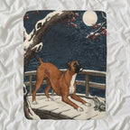Boxer Sherpa Fleece Blanket, Japanese Print Dog Art, Boxer Lover Gift shown lying flat on softly rumpled white bedding