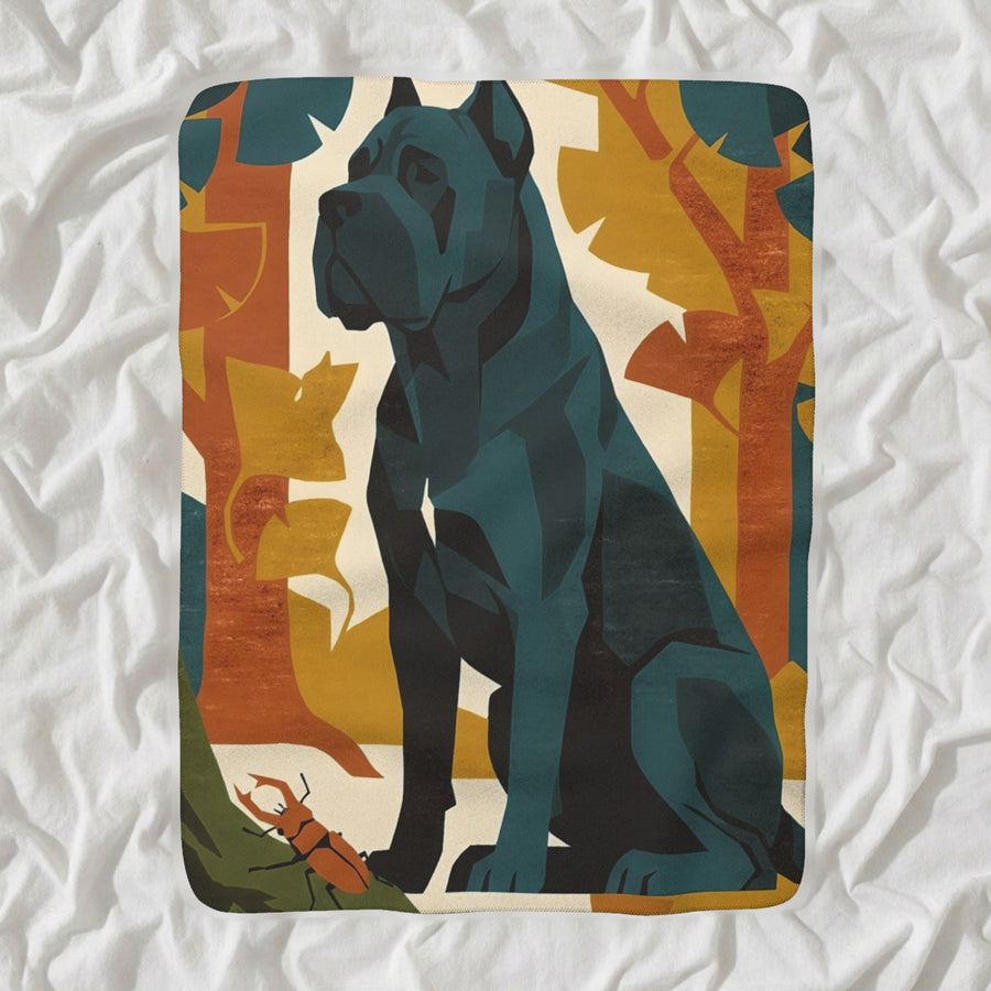 Cane Corso Sherpa Fleece Blanket, Retro Autumn Dog Art, Cane Corso Lover Gift shown lying flat on softly rumpled white bedding