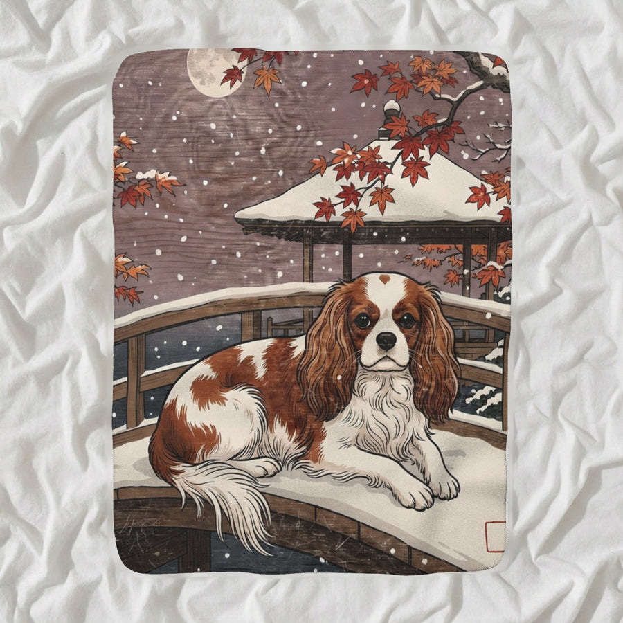 Cavalier King Charles Spaniel Sherpa Fleece Blanket, Japanese Print Dog Art, Cavalier King Charles Spaniel Lover Gift shown lying flat on softly rumpled white bedding