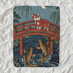 Corgi Sherpa Fleece Blanket, Japanese Print Dog Art, Corgi Lover Gift shown lying flat on softly rumpled white bedding
