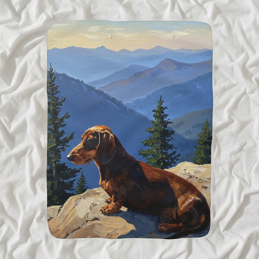 Dachshund Acrylic Sherpa Fleece Blanket, Mountain Overlook Dog Art, Dachshund Lover Gift shown lying flat on softly rumpled white bedding
