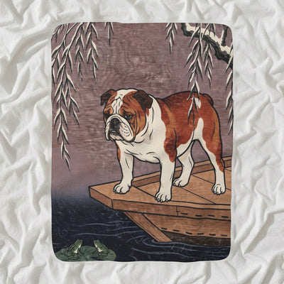 English Bulldog Sherpa Fleece Blanket, Japanese Print Dog Art, English Bulldog Lover Gift