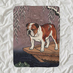 English Bulldog Sherpa Fleece Blanket, Japanese Print Dog Art, English Bulldog Lover Gift shown lying flat on softly rumpled white bedding