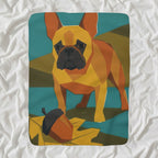 French Bulldog Sherpa Fleece Blanket, Retro Autumn Dog Art, French Bulldog Lover Gift shown lying flat on softly rumpled white bedding