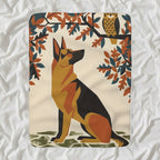 German Shepherd Sherpa Fleece Blanket, Retro Autumn Dog Art, German Shepherd Lover Gift shown lying flat on softly rumpled white bedding