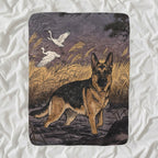 German Shepherd Sherpa Fleece Blanket, Japanese Print Dog Art, German Shepherd Lover Gift shown lying flat on softly rumpled white bedding