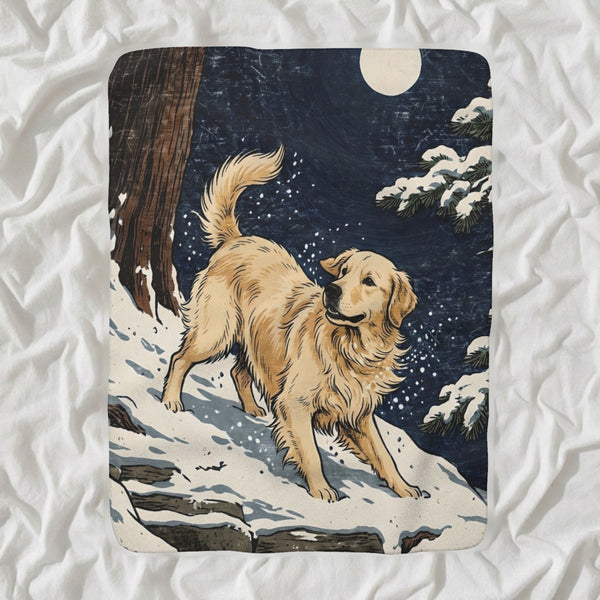 Golden Retriever Sherpa Fleece Blanket, Japanese Print Dog Art, Golden Retriever Lover Gift shown lying flat on softly rumpled white bedding