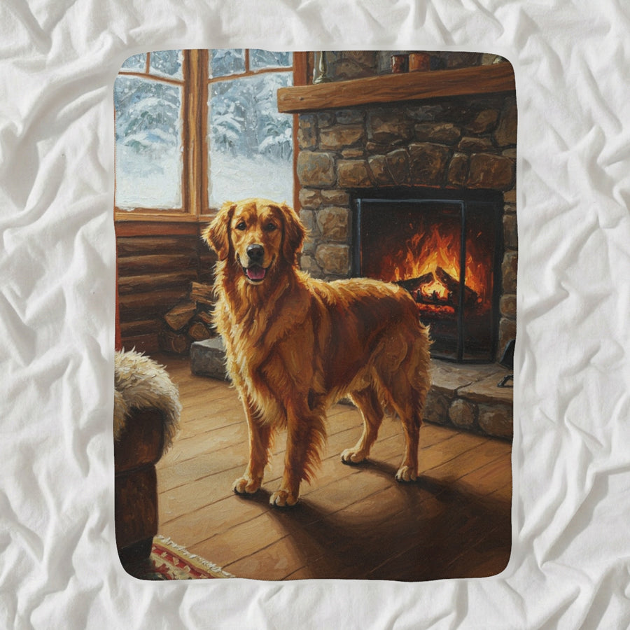 Golden Retriever Acrylic Sherpa Fleece Blanket, Colorful Dog Art, Golden Retriever Lover Gift shown lying flat on softly rumpled white bedding
