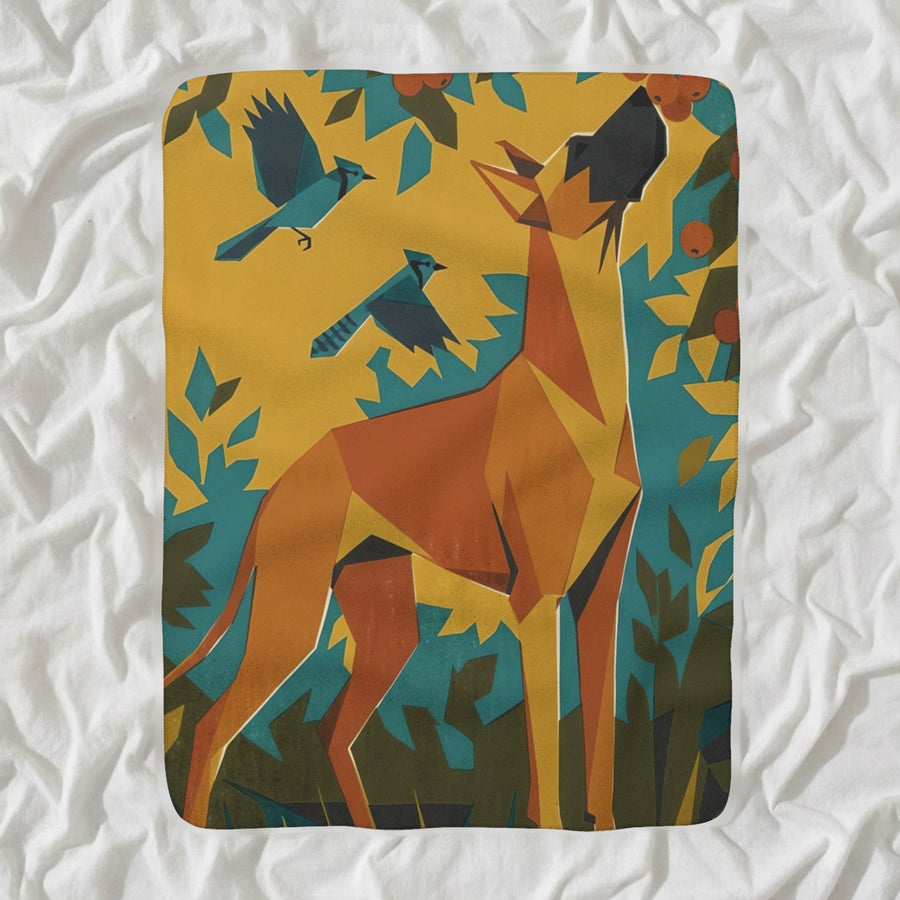 Great Dane Sherpa Fleece Blanket, Retro Autumn Dog Art, Great Dane Lover Gift shown lying flat on softly rumpled white bedding