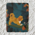 Havanese Sherpa Fleece Blanket, Retro Autumn Dog Art, Havanese Lover Gift shown lying flat on softly rumpled white bedding
