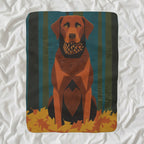 Labrador Retriever Sherpa Fleece Blanket, Retro Autumn Dog Art, Labrador Retriever Lover Gift shown lying flat on softly rumpled white bedding