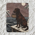 Labrador Retriever Sherpa Fleece Blanket, Japanese Print Dog Art, Labrador Retriever Lover Gift shown lying flat on softly rumpled white bedding