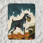 Miniature Schnauzer Sherpa Fleece Blanket, Retro Autumn Dog Art, Miniature Schnauzer Lover Gift shown lying flat on softly rumpled white bedding