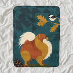 Pomeranian Sherpa Fleece Blanket, Retro Autumn Dog Art, Pomeranian Lover Gift shown lying flat on softly rumpled white bedding
