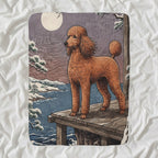 Poodle Sherpa Fleece Blanket, Japanese Print Dog Art, Poodle Lover Gift shown lying flat on softly rumpled white bedding
